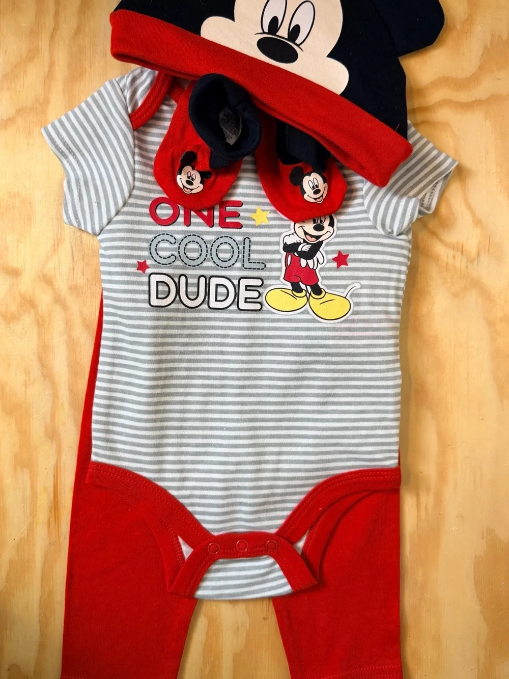 Disney Mickey Mouse Gray & Red Striped Baby One-Piece